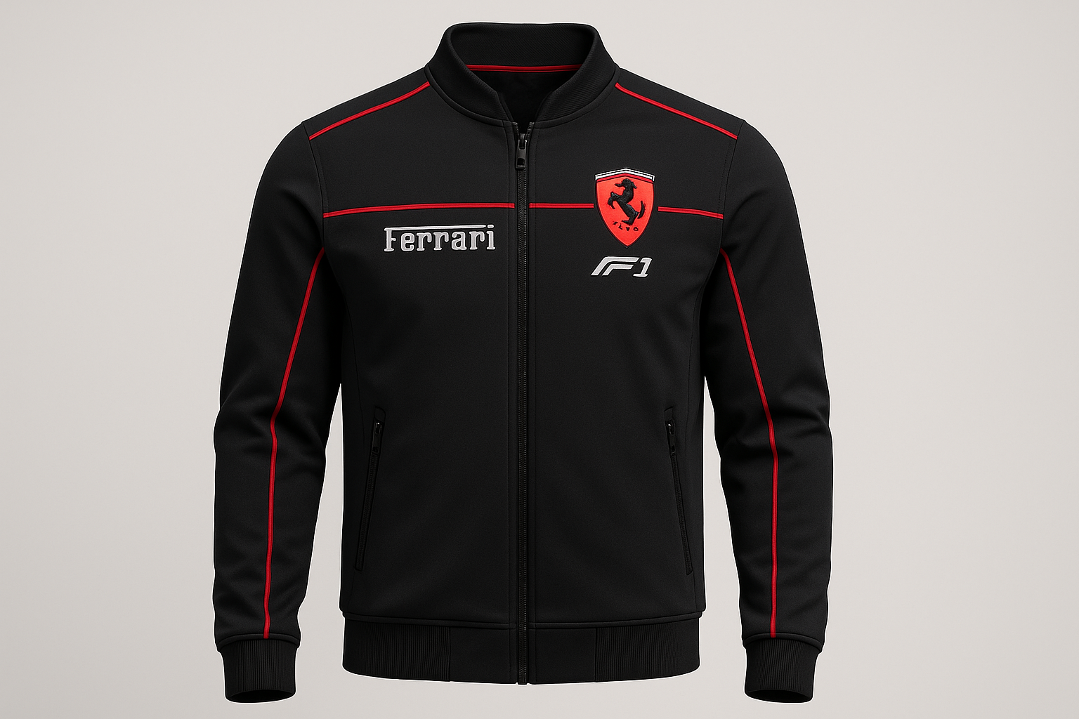 Gerar a imagem de uma jaqueta da ferrari f1, black.