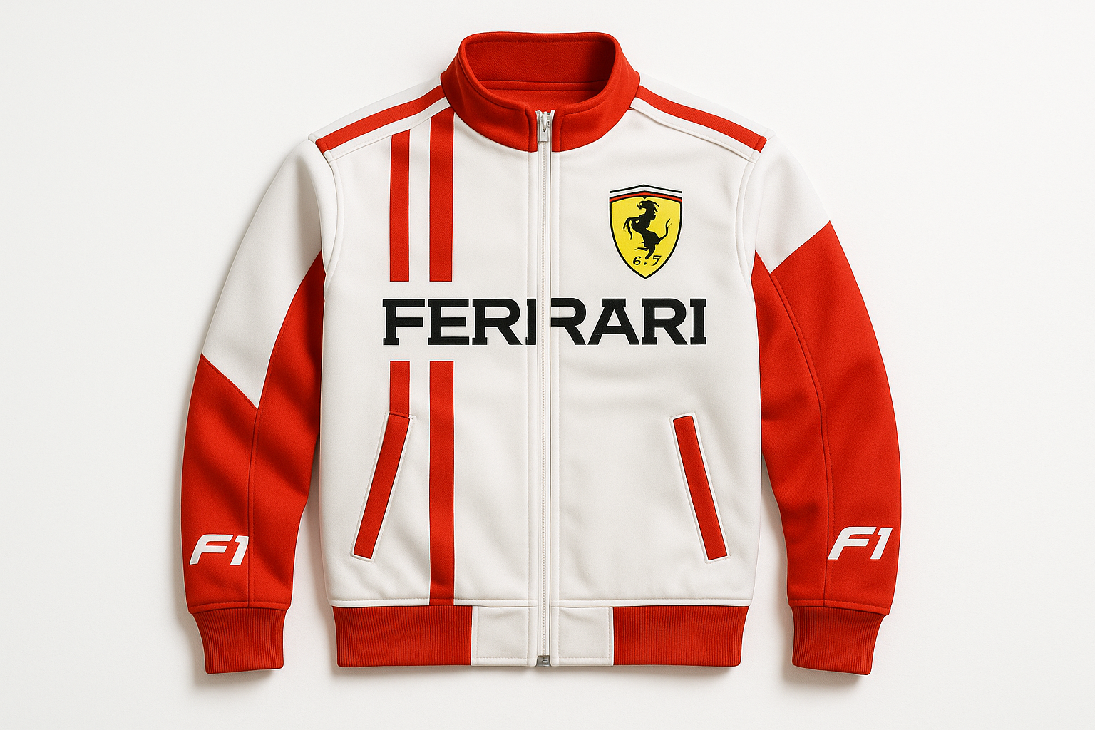 Preciso que gere uma imagem horizontal, de uma jaqueta ferrari trifecta f1 modelo branco com vermelho, para que eu coloque destacado no site.